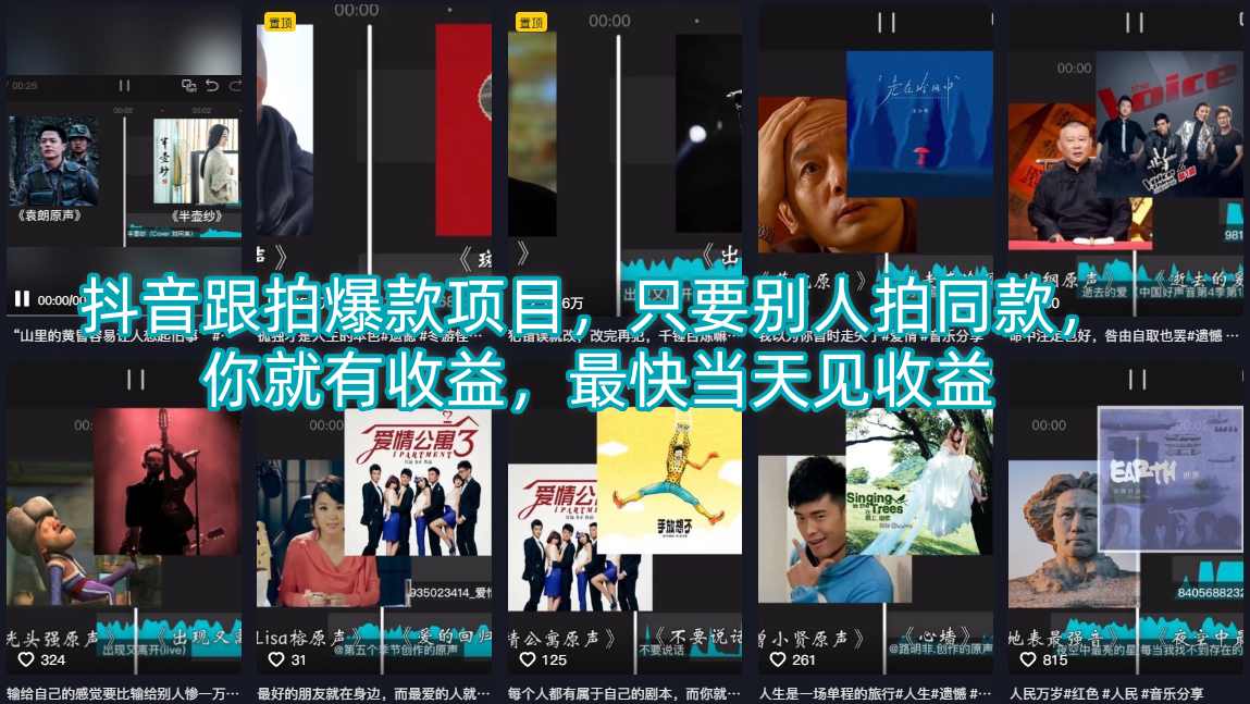 抖音跟拍爆款项目，只要别人拍同款，你就有收益，最快当天见收益-源创文化-轻创终点站