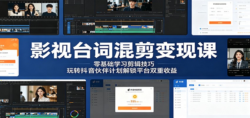 影视台词混剪变现课：零基础学习剪辑技巧，玩转抖音伙伴计划解锁平台双重收益-源创文化-轻创终点站