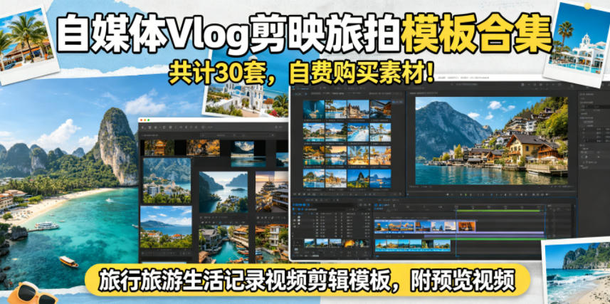 自媒体Vlog剪映旅拍模板合集，共计30套，自费购买素材！旅行旅游生活记录视频剪辑模板，附预览视频-源创文化-轻创终点站