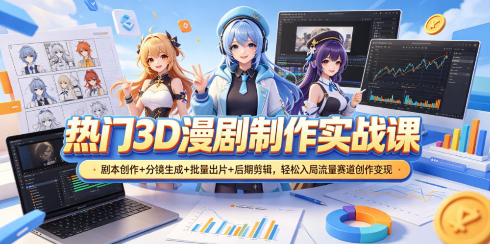 热门3D漫剧制作实战课，剧本创作+分镜生成+批量出片+后期剪辑，轻松入局流量赛道创作变现-源创文化-轻创终点站