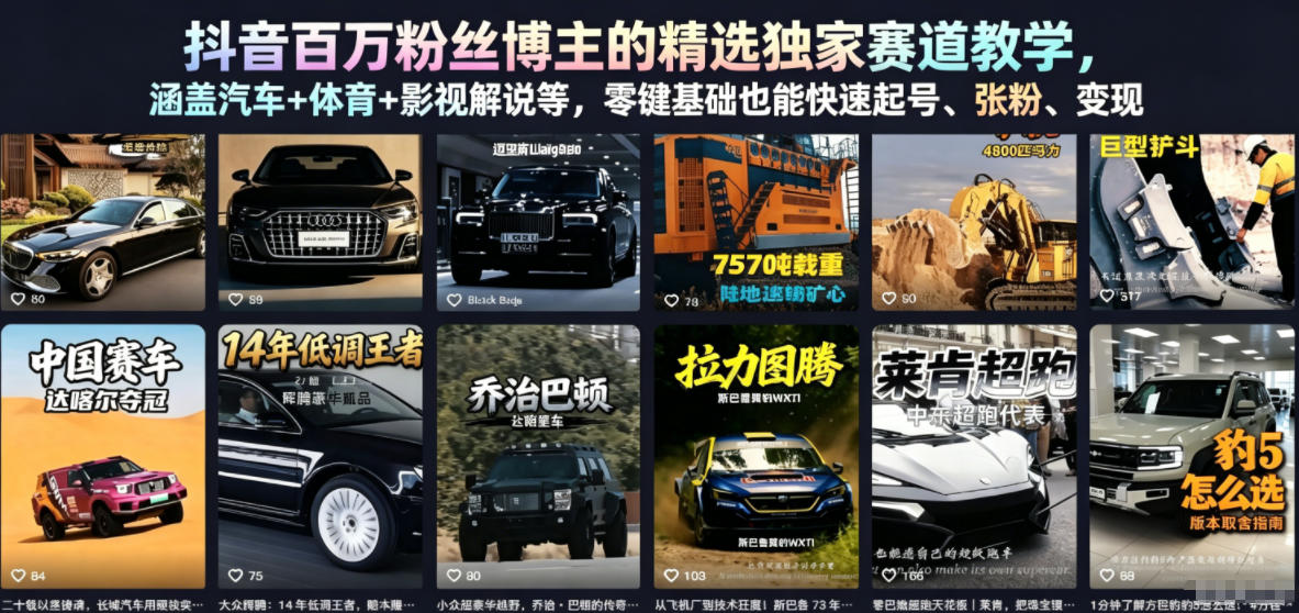 抖音百万粉丝博主的精选独家赛道教学,涵盖汽车+体育+影视解说等,零基础也能快速起号、涨粉、变现-源创文化-轻创终点站