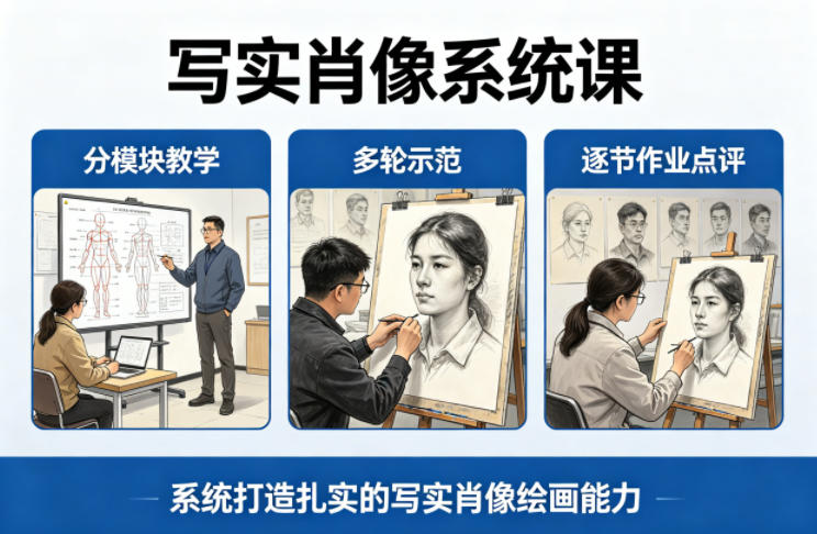 写实肖像系统课，全程分模块教学+多轮示范+逐节作业点评，系统打造扎实的写实肖像绘画能力-源创文化-轻创终点站