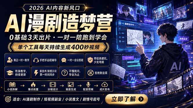 AI漫剧造梦营：0基础3天出片，单个工具每天持续生成400秒视频-源创文化-轻创终点站