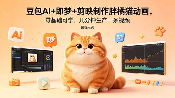 豆包AI+即梦+剪映制作胖橘猫动画，零基础可学，几分钟生产一条视频，附提示词-源创文化-轻创终点站