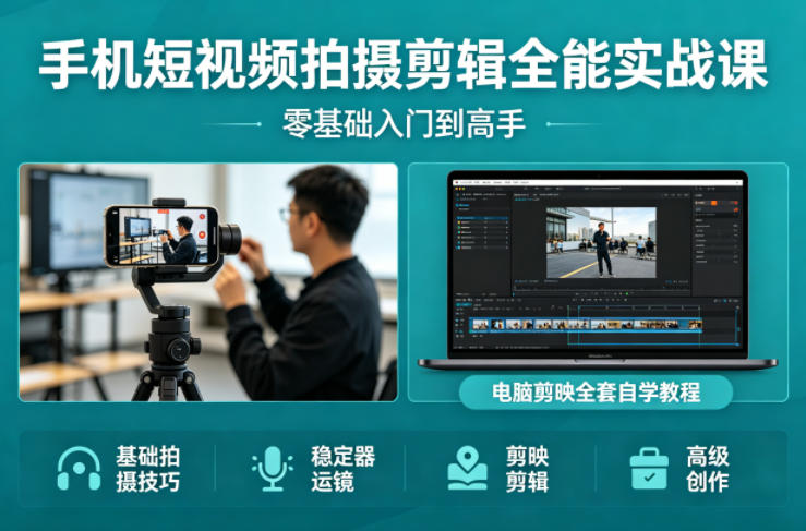 手机短视频拍摄剪辑全能实战课：零基础入门到高手，稳定器运镜+电脑剪映全套自学教程-源创文化-轻创终点站