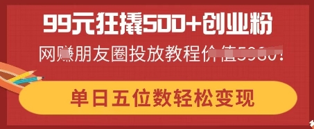 99元狂撬500+创业粉,单日五位数轻松变现,网创朋友圈投放教程-源创文化-轻创终点站